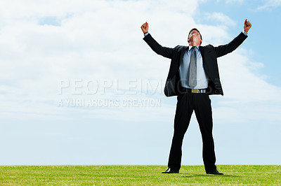 Buy stock photo Businessman, field and celebrate with open arms for success, freedom and energy with cloudy sky. Male leader, winner and grass for victory, growth and achievement in corporate company with happiness