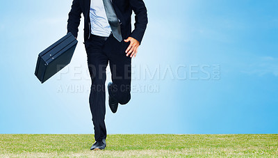 Buy stock photo Businessman, running and hurry to work with briefcase outdoors for meeting, appointment or corporate job. Male person, nature or field with suitcase late to presentation, report and career pitch