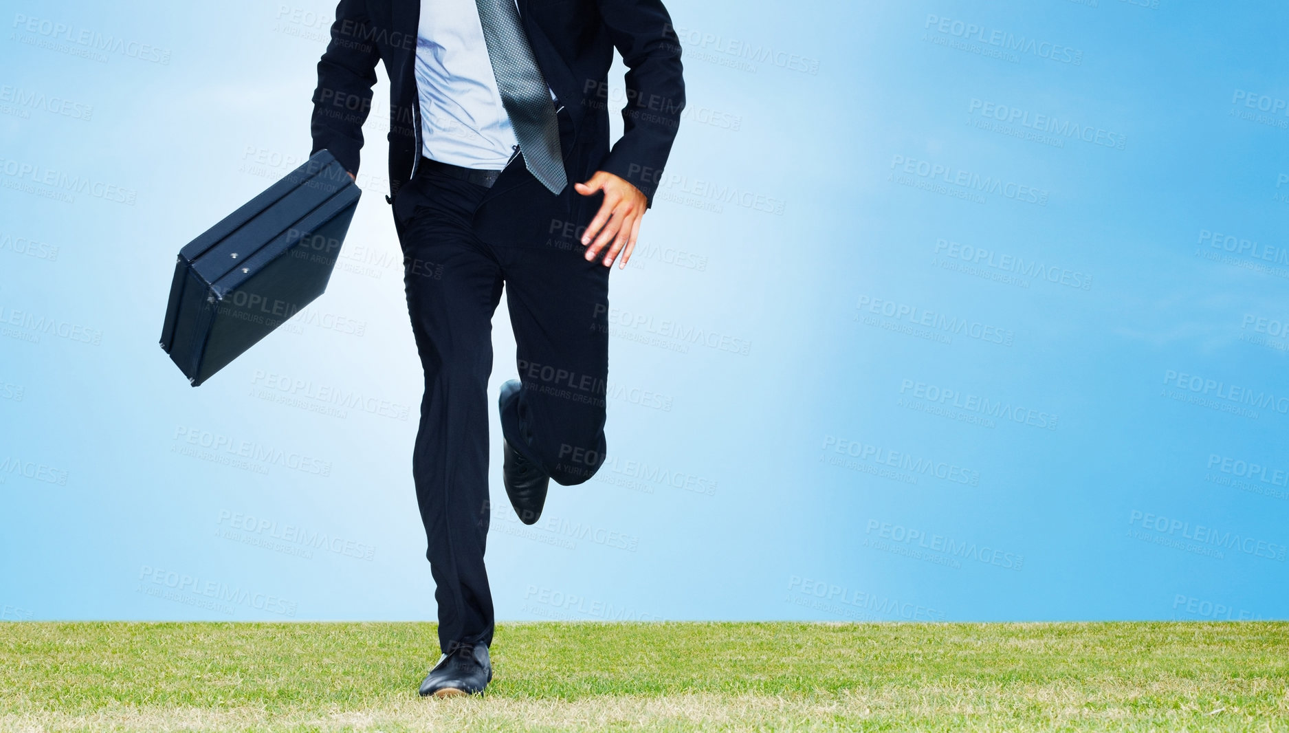 Buy stock photo Businessman, running and hurry to work with briefcase outdoors for meeting, appointment or corporate job. Male person, nature or field with suitcase late to presentation, report and career pitch