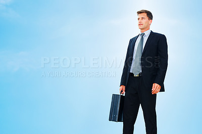 Buy stock photo Businessman, blue sky and bag or briefcase on mockup space for thinking, corporate and travel to work. Financial advisor, male employee and luggage with idea for career and travel by backdrop