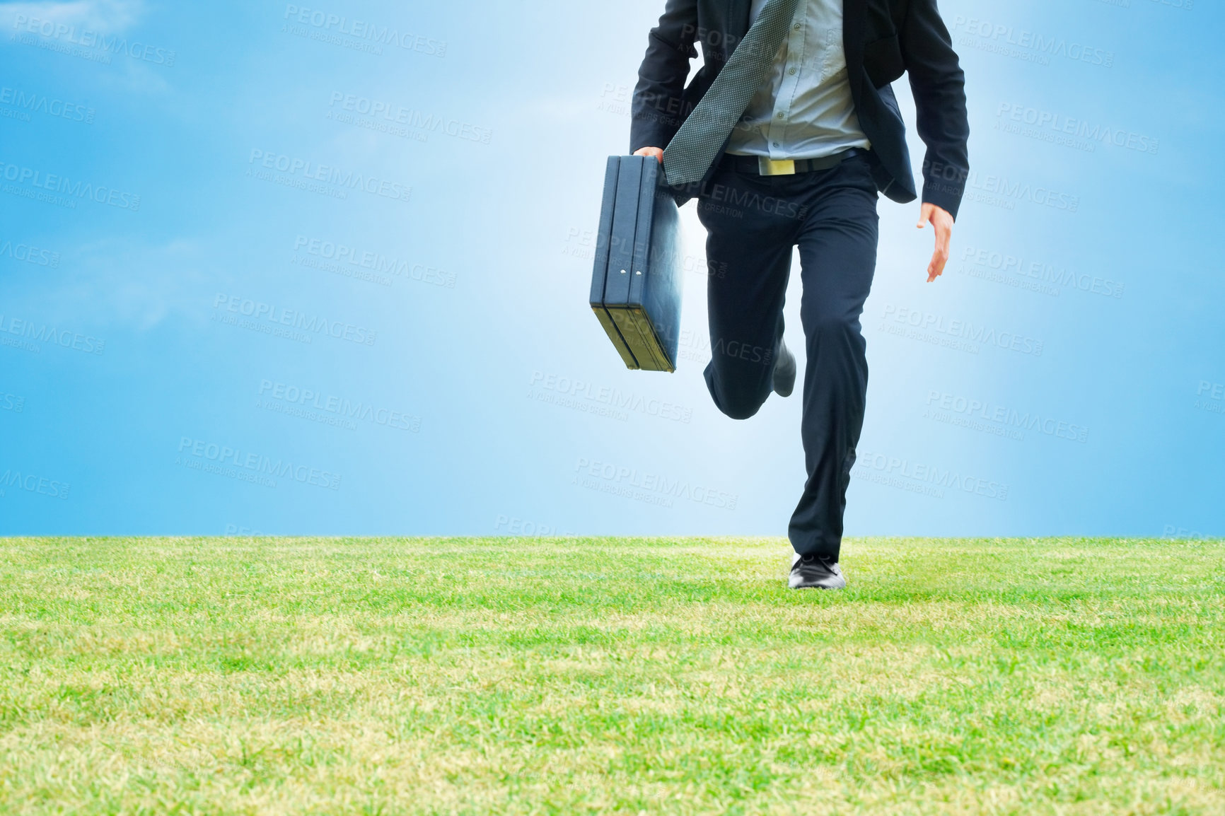 Buy stock photo Corporate man, running and briefcase in field for mockup space, time management and travel to work. Professional, male person and late for business meeting, company and rushing in nature for job