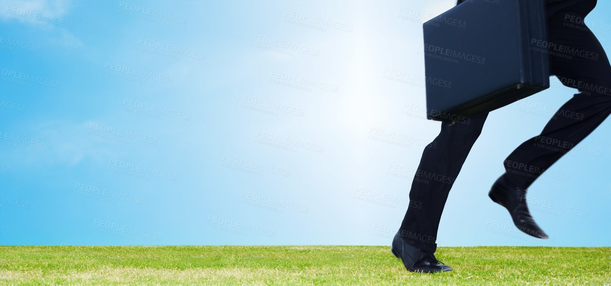 Buy stock photo Businessman, running and hurry to work with briefcase outdoors for meeting, appointment or corporate job. Male person, nature or field with suitcase late to presentation, report and career in mockup