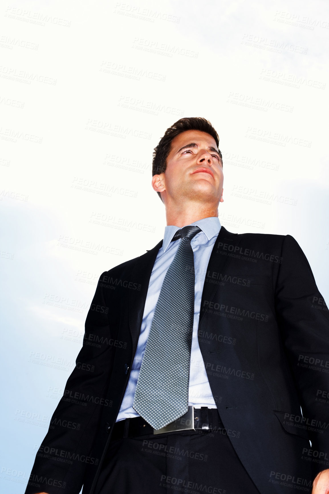 Buy stock photo Thinking, business man and low angle outdoor for financial advisor planning, dream or inspiration by sky. Vision, idea and confident professional entrepreneur with decision, brainstorming or solution