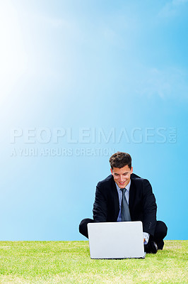 Buy stock photo Business, laptop and man on grass, typing and planning with email, connection and break. Relax, person and employee with computer, blue sky or nature with happiness, good news and website information