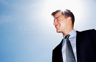 Buy stock photo Smile, business man and thinking outdoor for financial advisor planning, dream or inspiration by blue sky mockup space. Vision, idea and happy professional with decision, problem solving or low angle