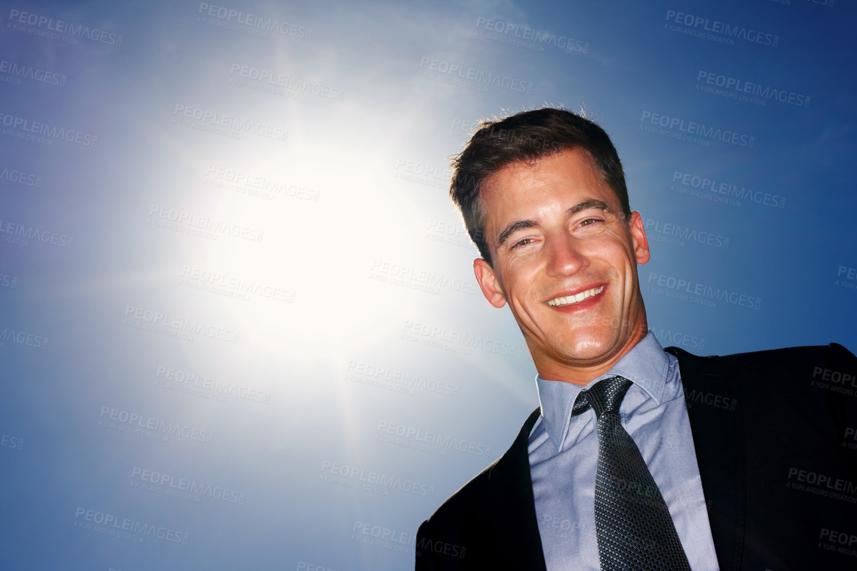 Buy stock photo Sunshine, portrait and man with blue sky, business and happiness with bright future, entrepreneur and smile. Face, person and employee with confidence, sunlight and summer with professional or agent
