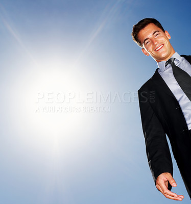 Buy stock photo Businessman, blue sky and portrait with sunshine or smile for career, lawyer or advocate for justice. Male attorney, outdoor and summer with mockup or low angle, happiness for job with legal aid