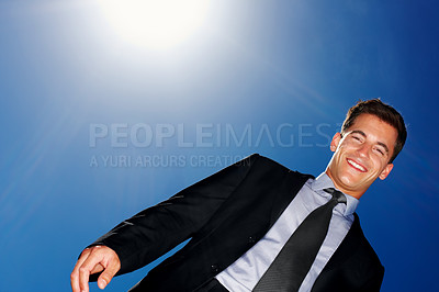 Buy stock photo Businessman, sky and portrait with sunshine or smile for career, lawyer or advocate for justice. Male attorney, outdoor and summer with mockup or looking down, happiness for job with legal aid