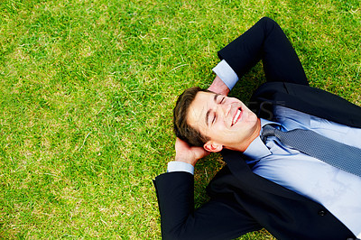 Buy stock photo Businessman, grass and smile with top view and calm, relax and outdoor for break from work. Tired, green and meadow for corporate male person in nature, field and fresh air for stress management 
