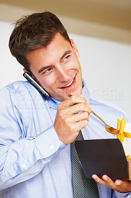 Buy stock photo Fast food, eating and phone call for businessman in office with efficiency, time management or productivity. Lunch break, smartphone or busy entrepreneur with takeaway, conversation or communication