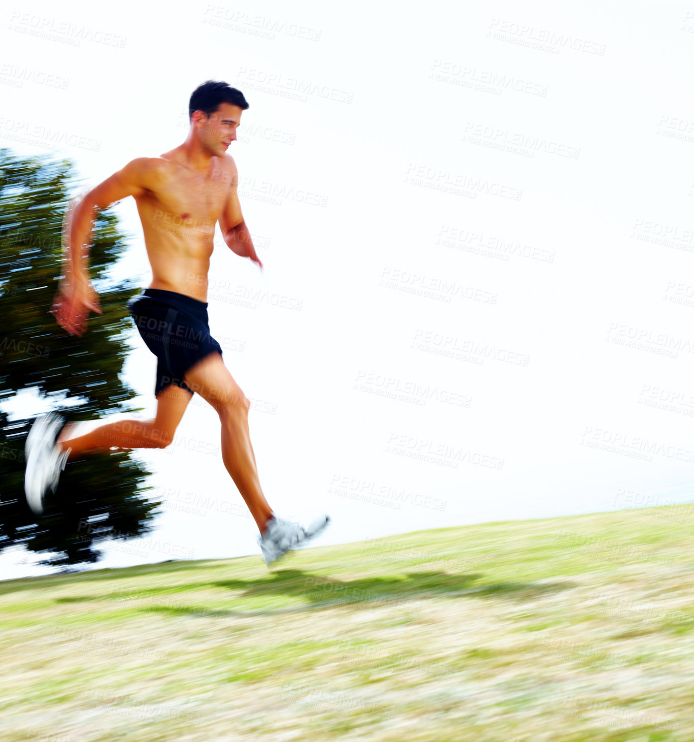 Buy stock photo Man, running and motion blur speed in nature or training workout or fast  athlete, cardio or mockup. Male person, healthy and grass field for marathon fitness or sports strength, exercise or summer