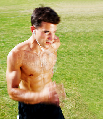 Buy stock photo Portrait of a young man jogging on the green field - Outdoor
