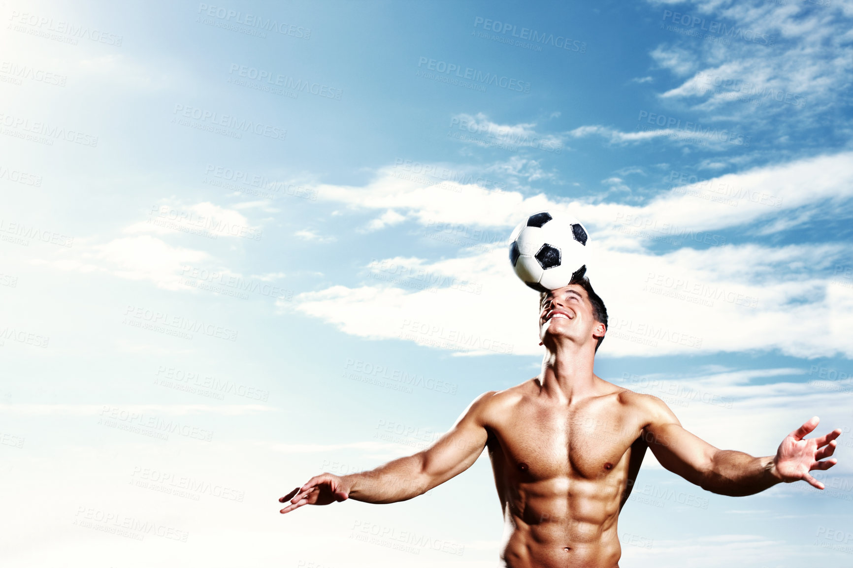 Buy stock photo Soccer ball, blue sky and man for practice, head and fitness for action and football athlete. Summer, blue sky and sports for male person and fit body for wellness and heath, training and game field