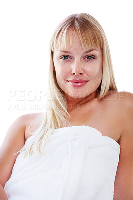 Buy stock photo Woman, portrait and bath for routine, towel and cleaning hygiene with beauty. Skincare, body wellness and dermatology with face, female model and white background for grooming and cosmetic care