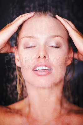 Buy stock photo Woman, happy and shower for relax for skincare and health wellness, water and washing in bathroom. Young model, grooming and glow in closeup for cleaning body and self care for beauty in apartment