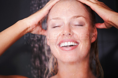 Buy stock photo Woman, happy or shower for care in bathroom, skincare or health wellness with water for washing. Young person, grooming and glow in closeup with cleaning body and hair for natural beauty in apartment