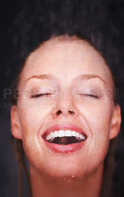 Buy stock photo Shower, water splash and face of happy woman in a house for hygiene, fresh or stress relief closeup. Smile, bathroom and female person relax with cleaning, wellness or body care, skincare or routine