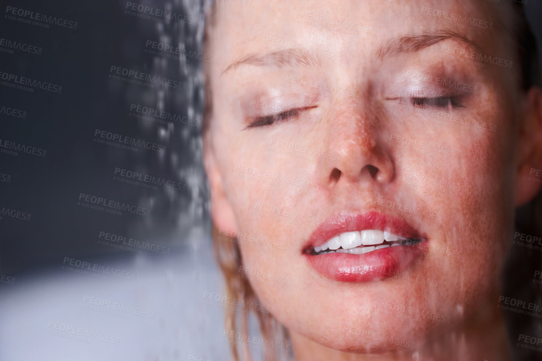 Buy stock photo Woman, water splash or shower for relax for hygiene, skincare or health wellness with hydration in washing. Young, wet and natural glow on face with peace and self care for beauty in apartment