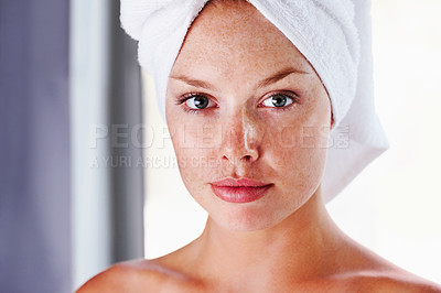 Buy stock photo Woman, portrait and shower for routine, towel and cleaning hygiene with beauty. Skincare, body wellness and head dermatology with face, female model and home bathroom for grooming and cosmetics