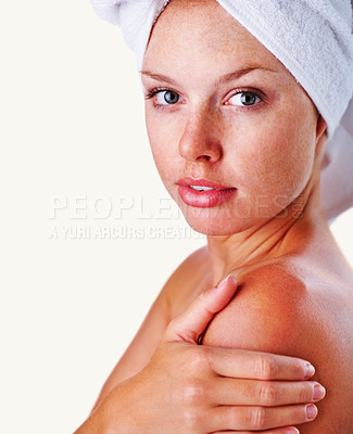 Buy stock photo Woman, portrait and skincare shower for routine, head towel and cleaning hygiene with beauty. Glow, wellness and dermatology with face, female model and white background for grooming and cosmetics