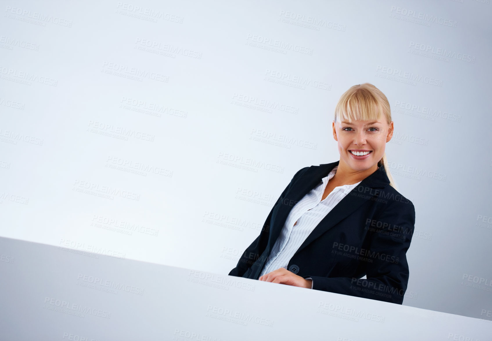 Buy stock photo Portrait, smile and business woman on banner, white background and corporate company on mockup space in Switzerland. Happy face, professional agent and entrepreneur, blonde worker or employee in suit