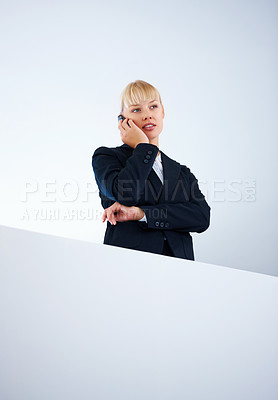 Buy stock photo Poster, business and phone call with woman, employee and mockup space with consultant, agent and announcement. Person, worker and girl with smartphone, opportunity and promotion with network or app