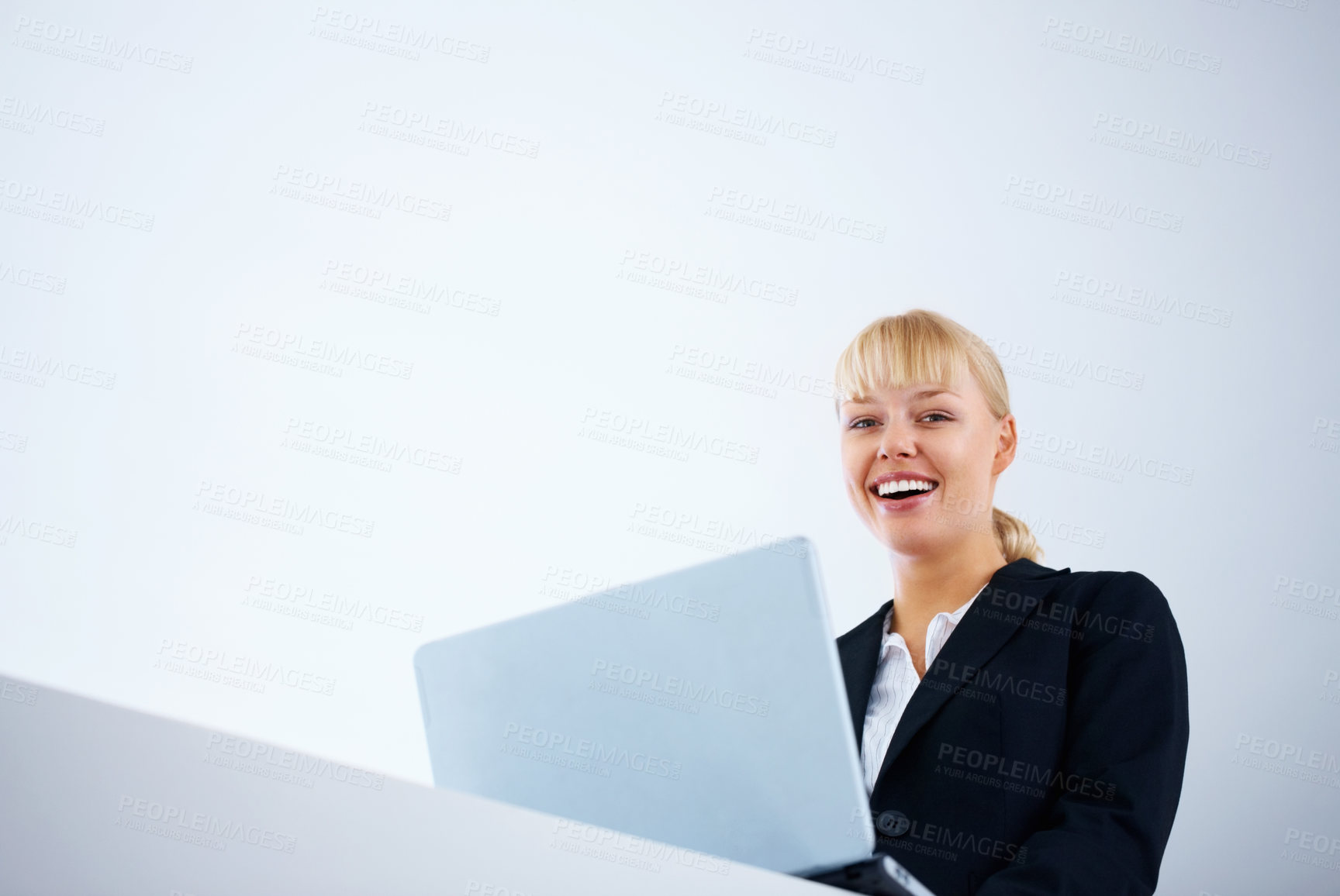 Buy stock photo Portrait, businesswoman and smile with laptop for email, message or feedback in office. Happy person, banner and expression for online, report or review for company growth by internet, web or app