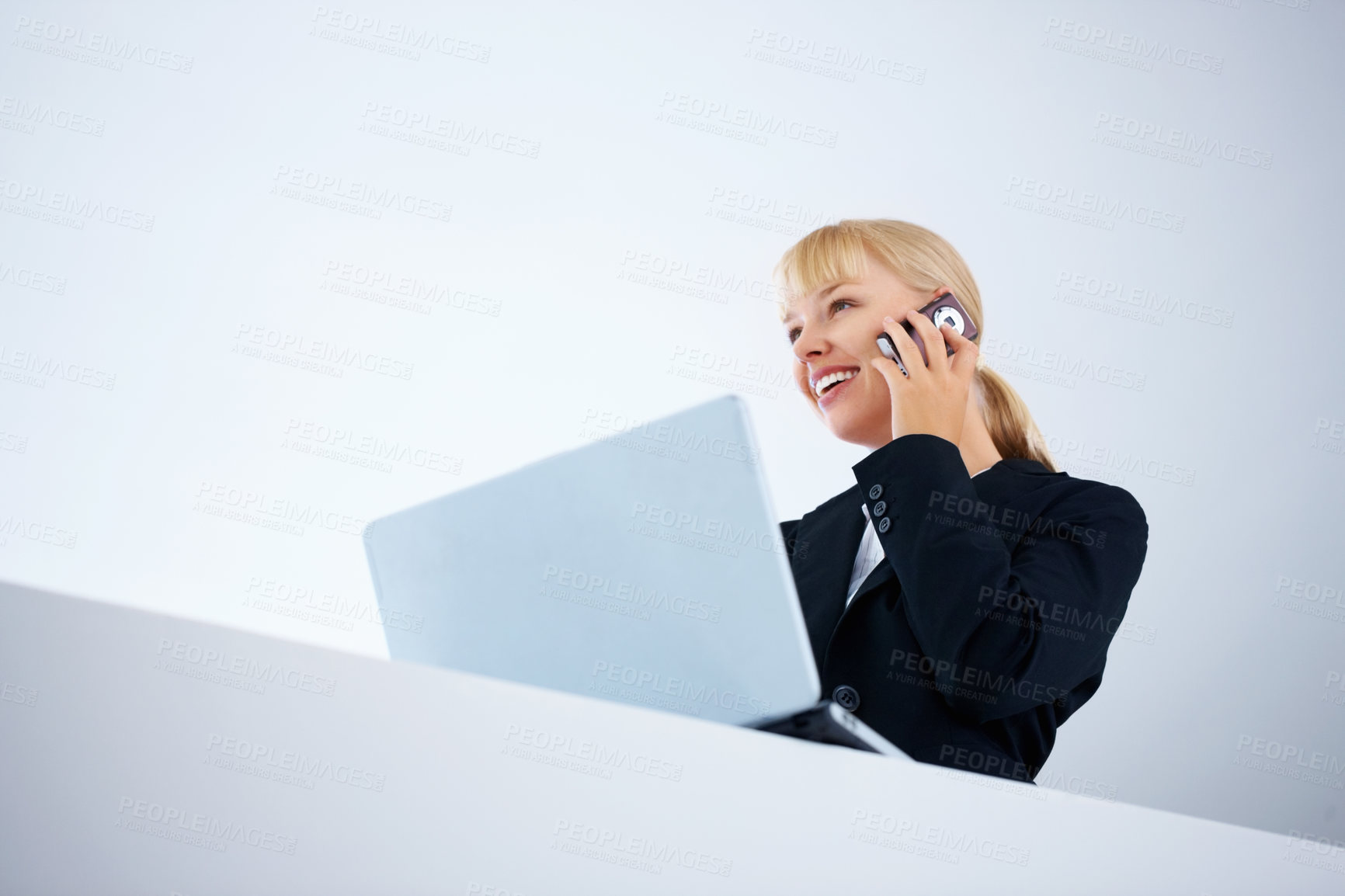 Buy stock photo Phone call, laptop and happy business woman consulting, networking and chat about online news, feedback or results. Smartphone discussion, computer and advisor talking with investment deal contact