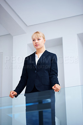 Buy stock photo Businesswoman, thinking and confidence in office building for corporate company vision, brainstorming for professional growth. Female person, thoughts and strategy for future goal, mission for pride