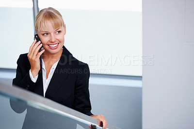 Buy stock photo Business smartphone call, stairs and happy woman discussion, negotiation or consultation with mobile user. Phone communication, happiness and indoor sales agent talking, speaking or chat with contact