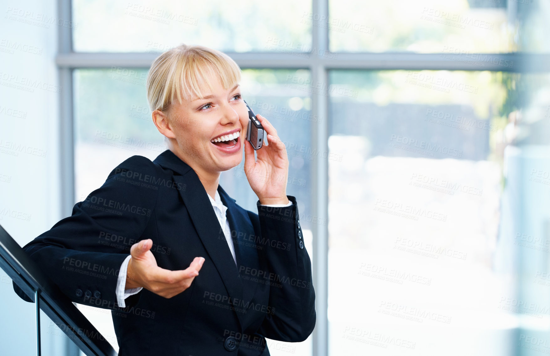Buy stock photo Corporate phone call, happiness and staircase woman discussion, negotiation or consultation for business advice. Cellphone connection, smile and friendly agent talking, speaking or chat with contact 