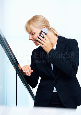 Buy stock photo Business, smile and phone call with woman, connection and communication with network, speaking and digital app. Professional, employee or consultant with a cellphone, mobile user and calling with joy