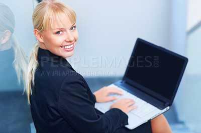 Buy stock photo Portrait of woman on steps in office with laptop, smile or relax in lobby for market research on web. Happy face of businesswoman on stairs typing email, report or online business schedule from above