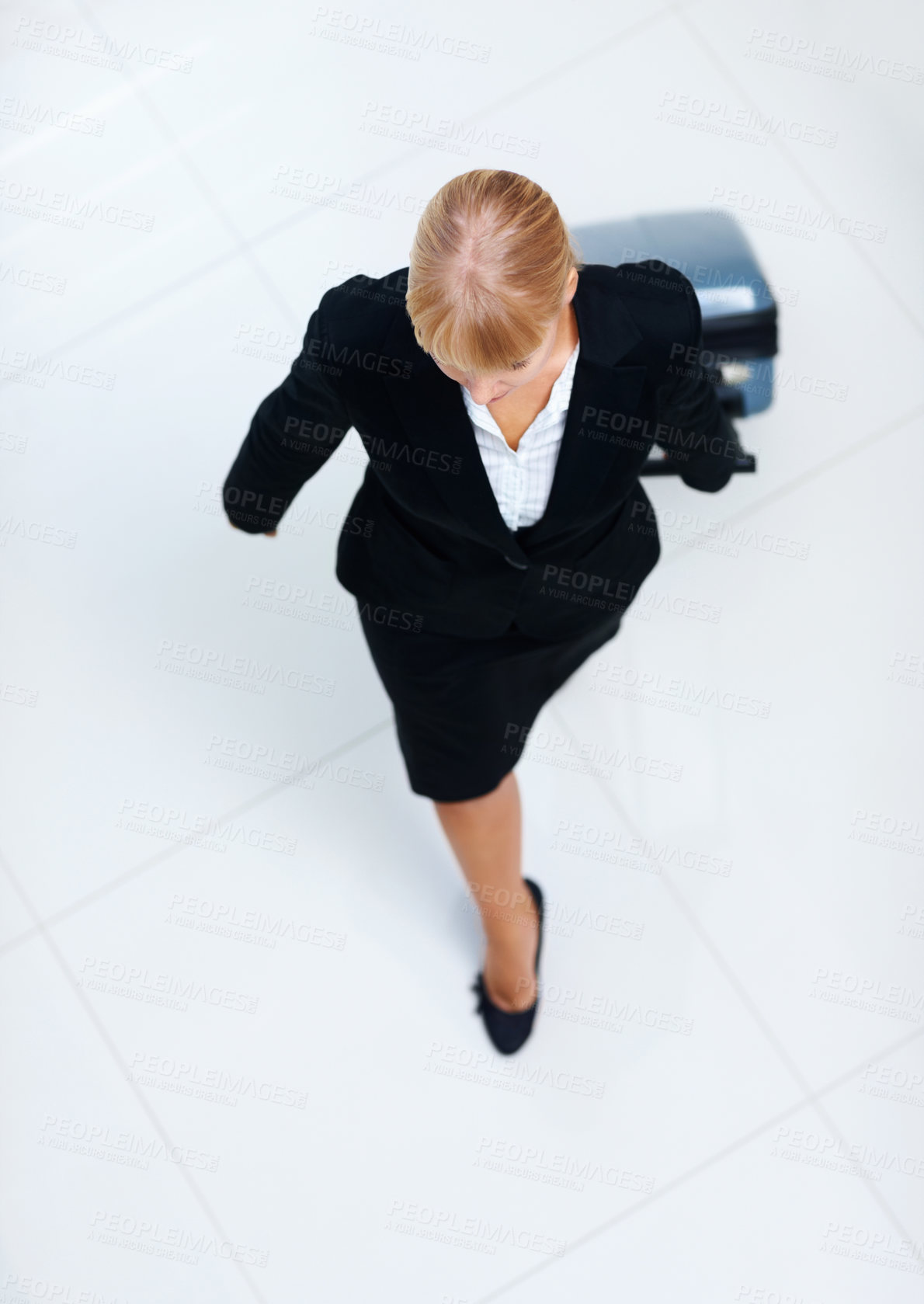 Buy stock photo Travel, airport floor and business woman walking to plane departure, tourist transportation or flight trip for corporate work. Top view, airplane baggage or professional agent journey on hotel ground