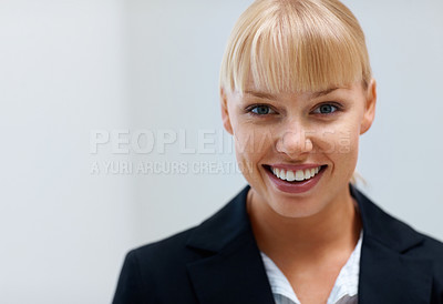 Buy stock photo Portrait, happy business woman in office or workplace, corporate company or mockup space in Switzerland. Face smile, professional blonde agent and entrepreneur, worker or career of confident employee