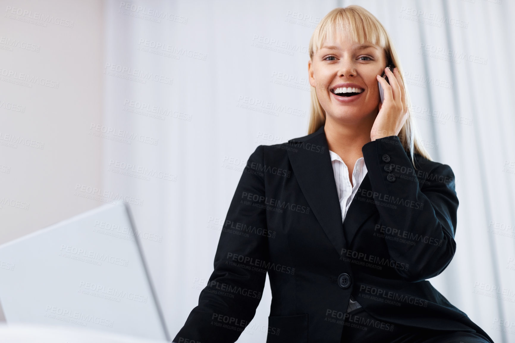 Buy stock photo Portrait, businesswoman and phone call with laptop for consultation in home office. Happy person, female manager and mobile for discussion, talk and listen for feedback, report and result for growth