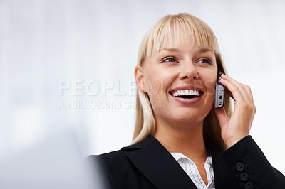 Buy stock photo Businesswoman, smile or phone call for communication in home office for consultation, feedback or report. Female manager, technology and happy emoji for cellular, connection or network for discussion