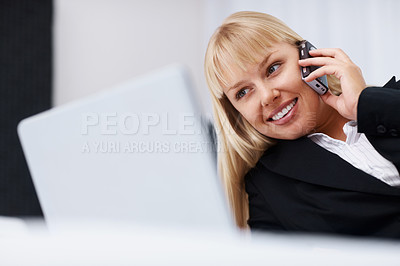 Buy stock photo Businesswoman, smile or phone call with laptop for communication in home office for consultation, feedback or report. Person, lying and tech for reading, email or information on internet for research