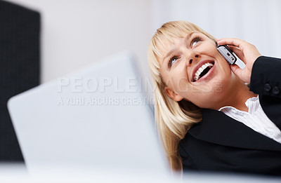 Buy stock photo Businesswoman, thinking or phone call with laptop for communication in home office for consult, feedback or report. Person, lying and bed with idea, vision and smile for future, planning or growth