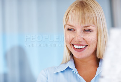Buy stock photo Businesswoman, thinking and confident with corporate career and positive with wellness in professional job. Young person, idea and smile in mindfulness as consultant and start up for entrepreneurship