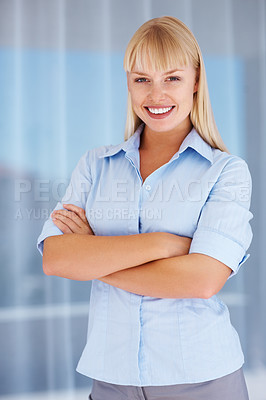 Buy stock photo Portrait, arms crossed and happy business woman in office, workplace or corporate company. Face, smile and confident professional female entrepreneur, agent or blonde employee working in Switzerland
