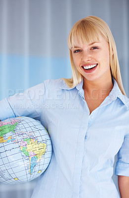 Buy stock photo Woman, portrait and earth as business professional growth, mindset worker or corporate globalization. Female person, face and smile or world map travel for startup goal for career, job for networking