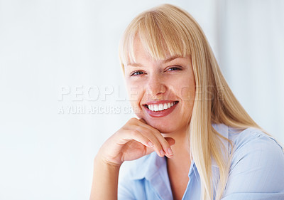 Buy stock photo Portrait, smile and business woman in corporate company, office and workplace on mockup space in Switzerland. Happy face, confident professional entrepreneur and agent, worker or blonde employee 