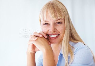 Buy stock photo Portrait, confidence and happy business woman in office, workplace or corporate company on mockup space in Switzerland. Face, smile or professional entrepreneur, blonde worker or young employee agent