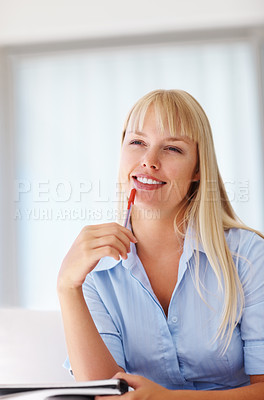 Buy stock photo Thinking, strategy and business woman on a sofa in an office with a vision of future company growth. Idea, planning or mindset and a happy young employee with documents in the workplace lounge