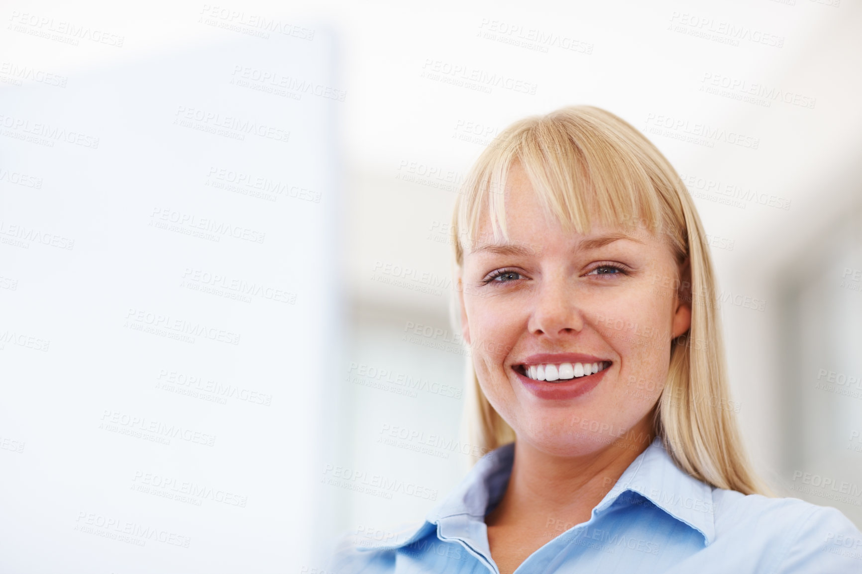 Buy stock photo Portrait, smile and business woman in office, corporate company and workplace on mockup space. Face, happy professional entrepreneur and confident consultant, employee or blonde worker in Switzerland