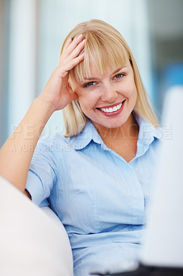 Buy stock photo Portrait, happy woman on sofa in home office with laptop for market research or online website review. Businesswoman on couch with smile writing article, email report or schedule for remote work.