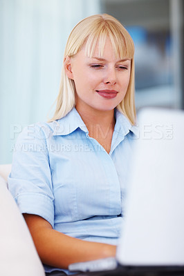 Buy stock photo Thinking, woman on sofa in home office with laptop for market research or online website review. Businesswoman on couch typing article, email report or business schedule with career in remote work.