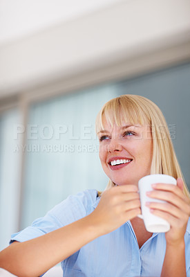 Buy stock photo Thinking, coffee and young woman at her home relaxing on weekend morning for calm mindset. Smile, idea and person from Australia drinking cappuccino, latte or tea with positive attitude at house.