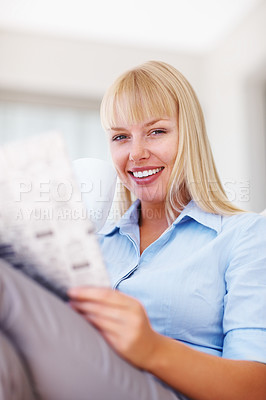 Buy stock photo Businesswoman, portrait or newspaper on couch for reading headlines, media or happy in living room. Person, face or smile for morning relax wellness with magazine and current events for zen in home